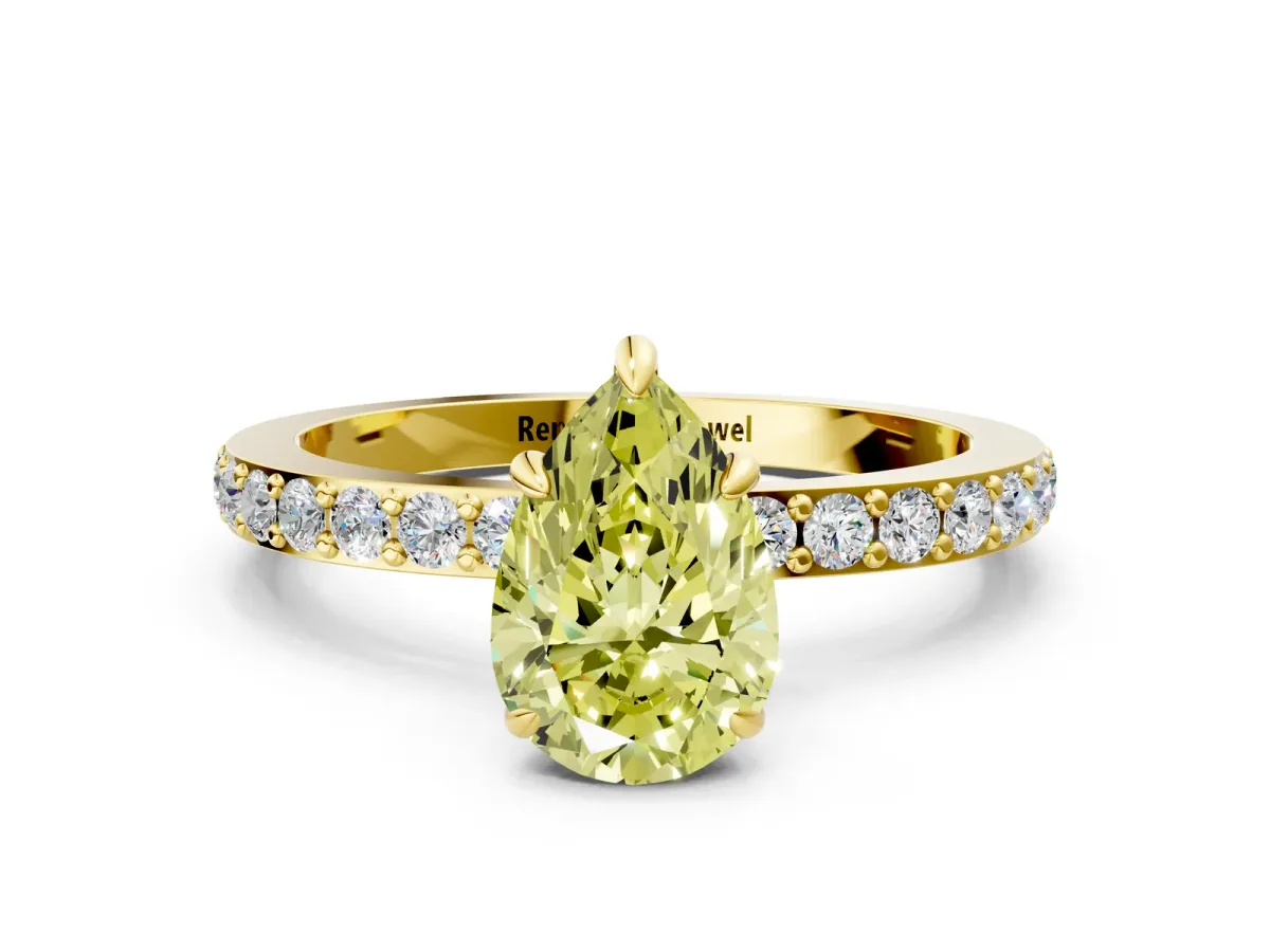 Fancy Yellow Pear Cut Diamond Solitaire Engagement Ring with Pavé Band and Four-Prong Setting Yellow gold