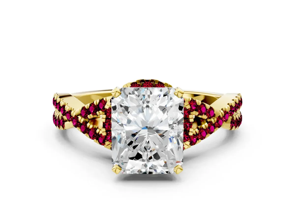 Radiant Cut Diamond Garnet Halo Twist Band Solitaire Prong Setting Ring Yellow gold