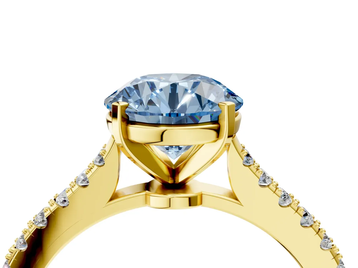 Fancy Blue Asscher Cut Cut Solitaire Diamond Engagement Ring with Pave Band and Four-Prong Setting Yellow gold