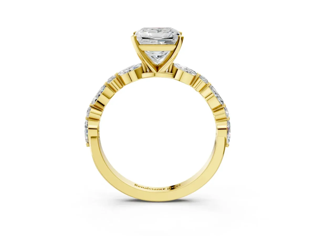 Princess Cut Diamond Ring with Marquise and Round Side Stones and Four-Prong Setting Yellow gold
