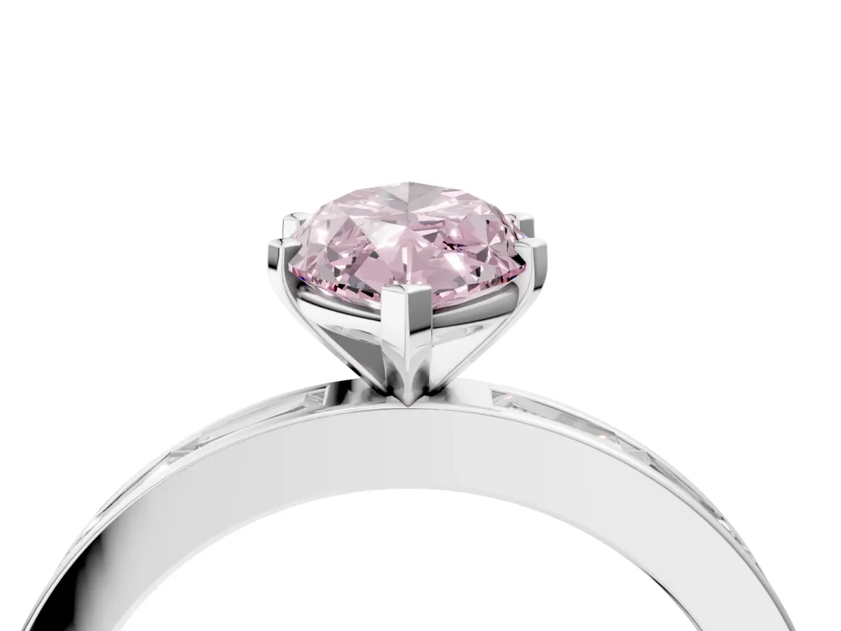Fancy Pink Marquise Cut Solitaire Diamond Ring with Channel-Set Baguette Band and Four-Prong Setting Platinum