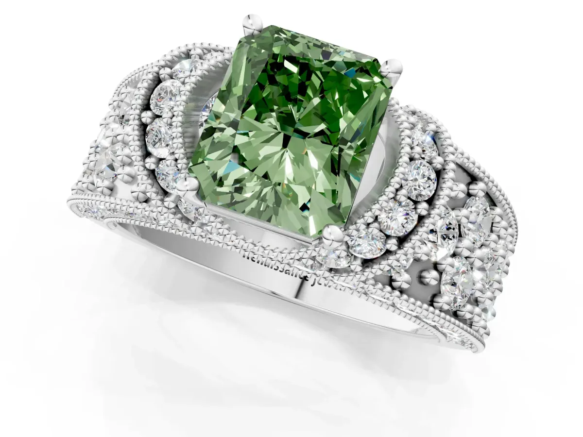 Fancy Green Radiant Cut Halo Pave Diamond Engagement Ring with Milgrain Detailing Platinum
