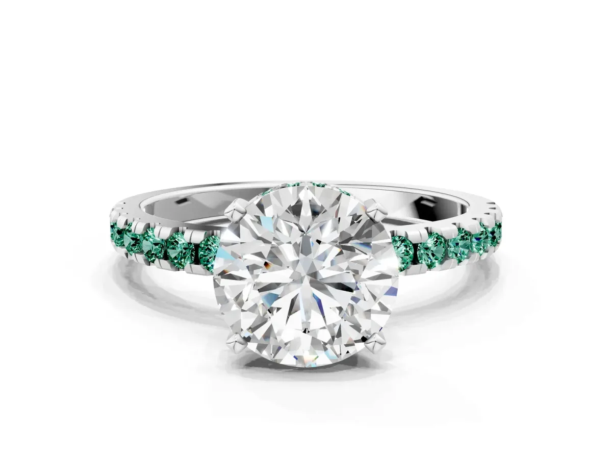 Round Cut Diamond Solitaire Ring with Round Green Sapphire Pavé Band and Four-Prong Setting White gold