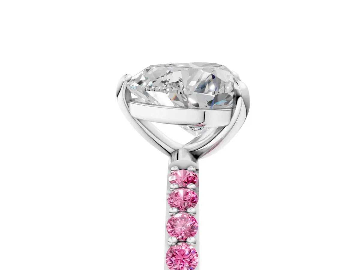 Heart Cut Diamond Solitaire Ring with Round Pink Sapphire Pavé Band and Prong Setting White gold