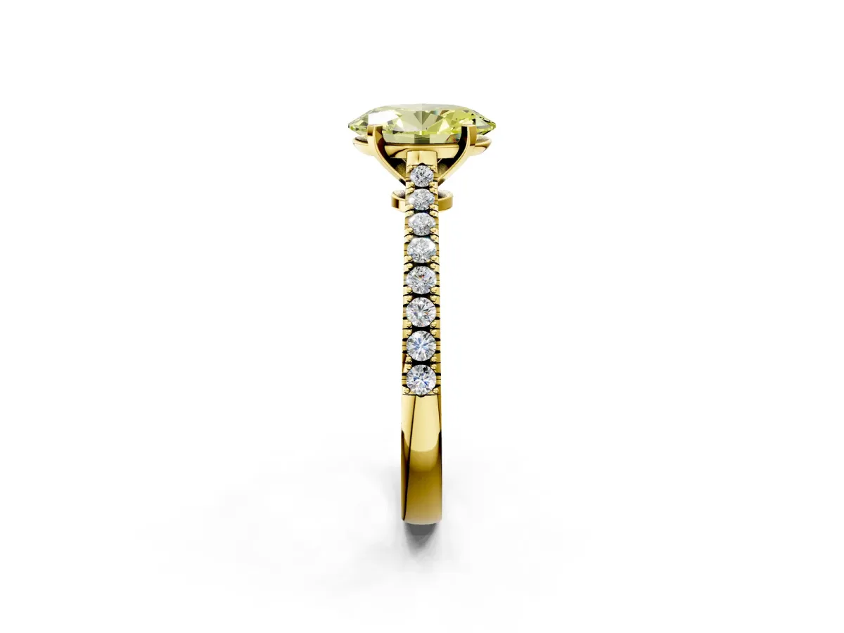 Fancy Yellow Oval Cut Cut Solitaire Diamond Engagement Ring with Pave Band and Four-Prong Setting Yellow gold