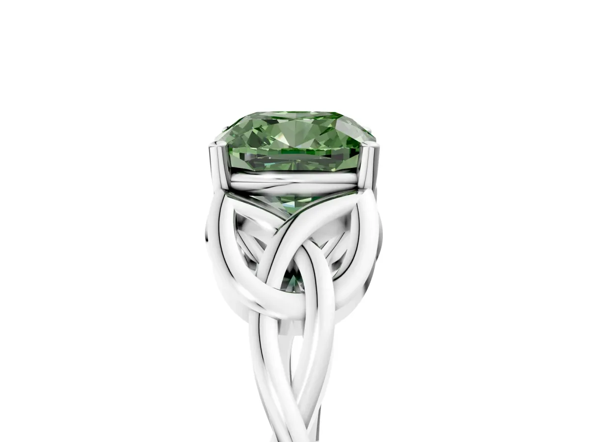 Fancy Green Cushion Cut Diamond Solitaire Engagement Ring with Celtic Knot Band and Four-Prong Setting White gold