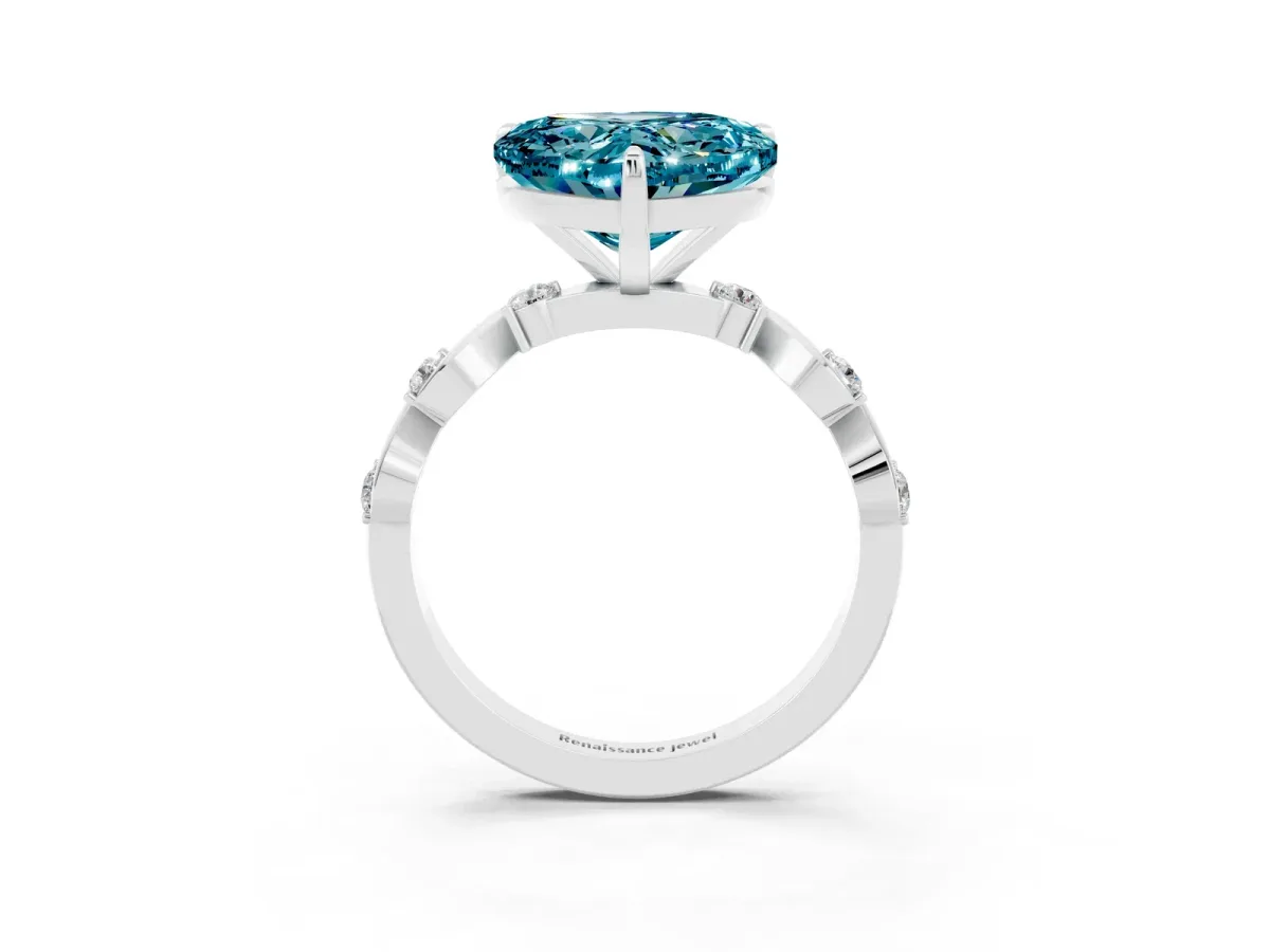Heart Cut Blue Topaz Solitaire Twisted Band with Round Accents and Prong Setting White gold
