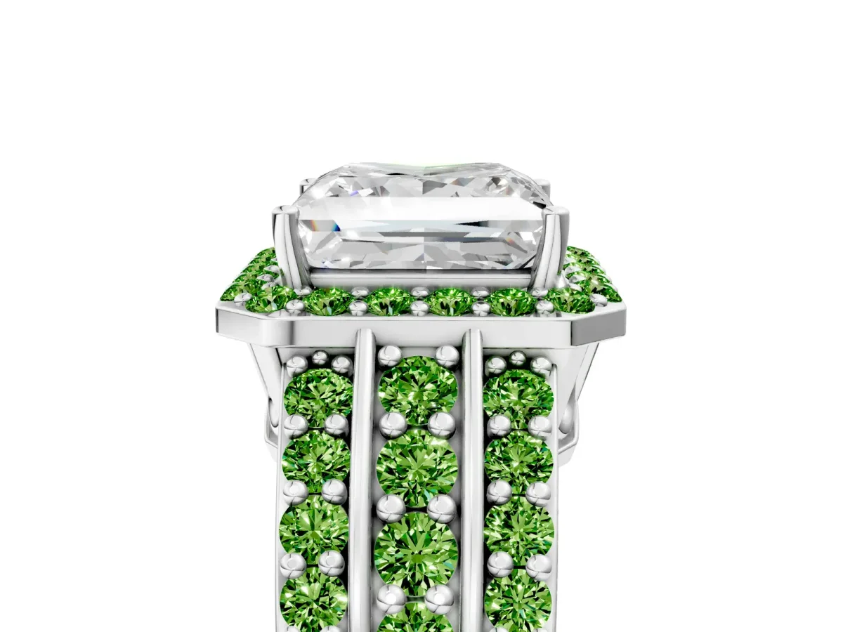 Princess Cut Halo Diamond Ring with Round Peridot Split Shank and Prong Setting White gold