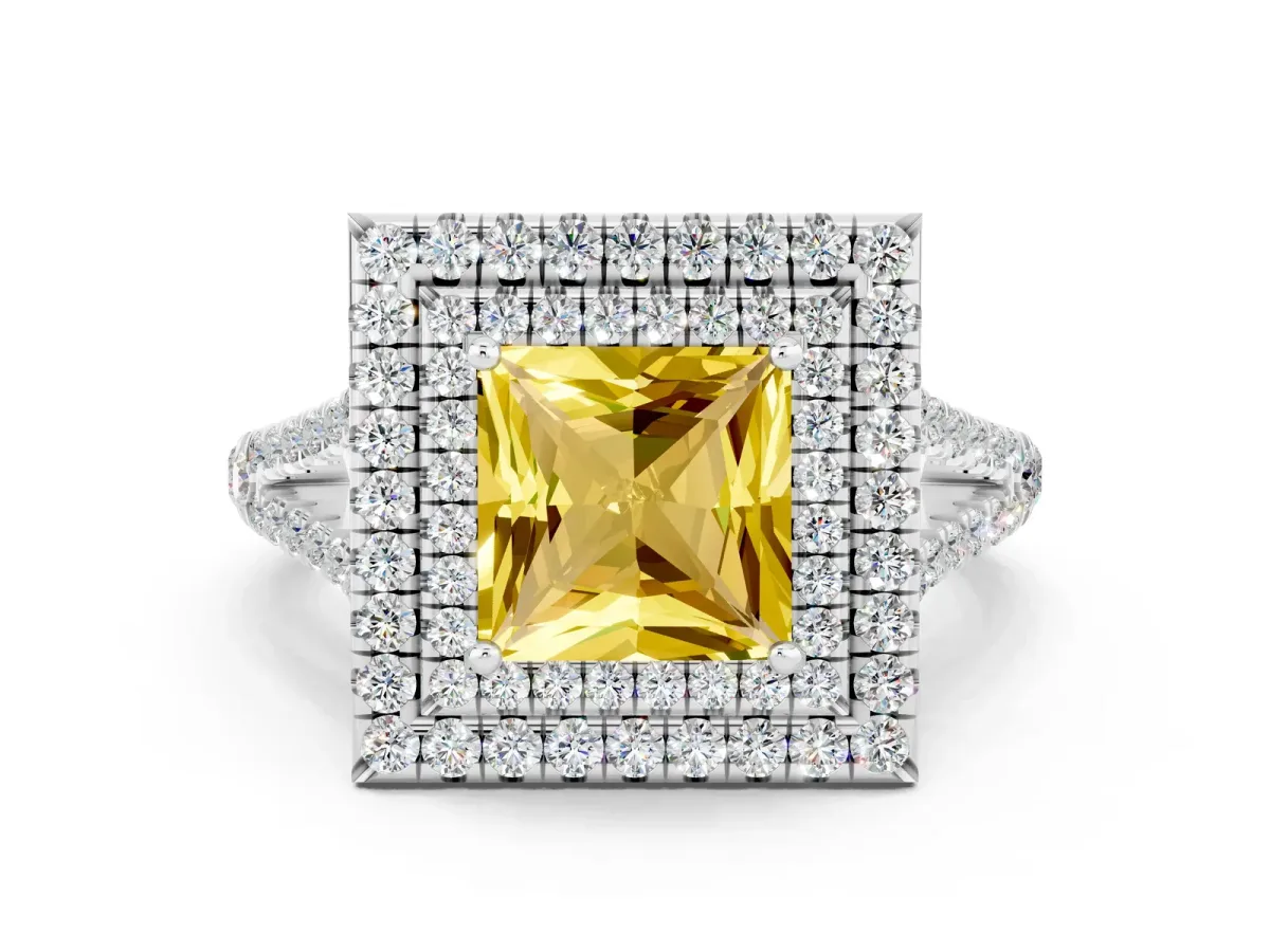 Princess Cut Yellow Sapphire Double Halo Ring with Pavé Band and Prong Setting White gold