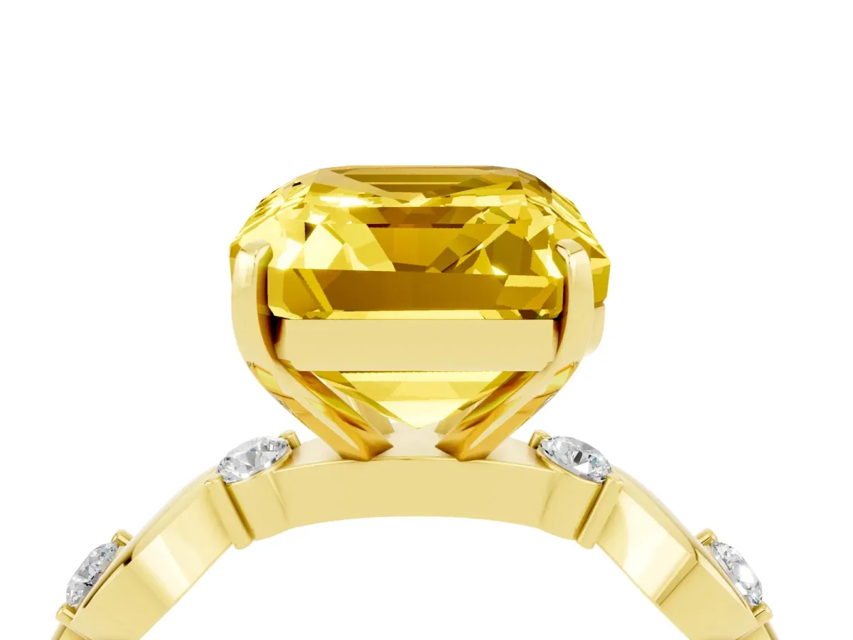 Emerald Cut Yellow Sapphire Solitaire Twisted Band with Round Accents and Prong Setting Yellow gold