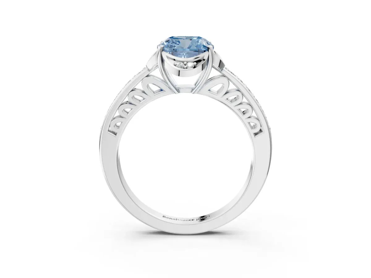 Fancy Blue Cushion Cut Cut Halo Diamond Ring with Channel Set Band and Four-Prong Setting White gold