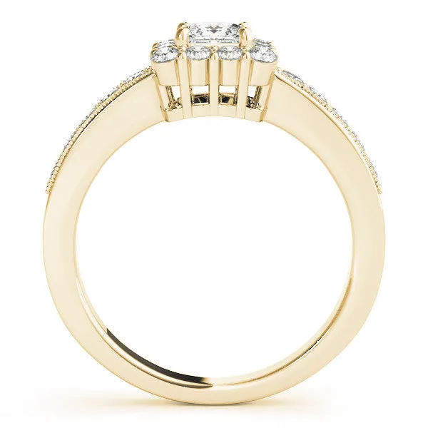 Round Cut Cut Halo Diamond Pavé Engagement Ring with Milgrain Detailing Yellow gold