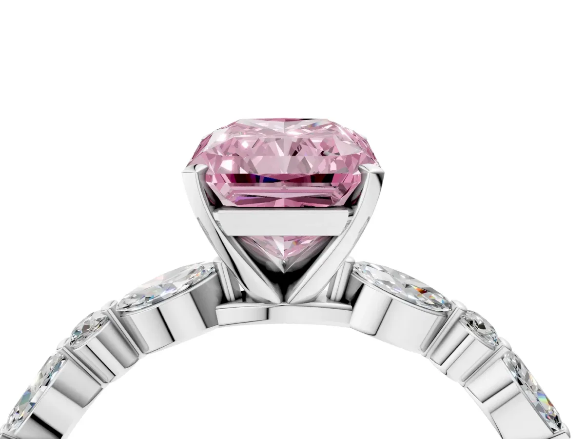 Fancy Pink Radiant Cut Diamond Ring with Marquise and Round Side Stones and Four-Prong Setting White gold