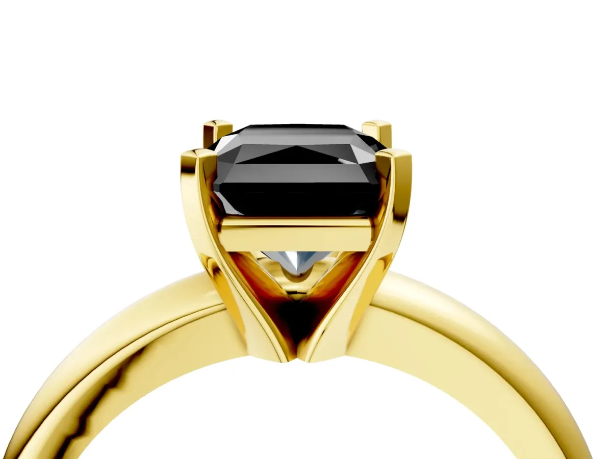 Fancy Black Radiant Cut Diamond Solitaire Engagement Ring with Round Band and Four-Prong Setting Yellow gold