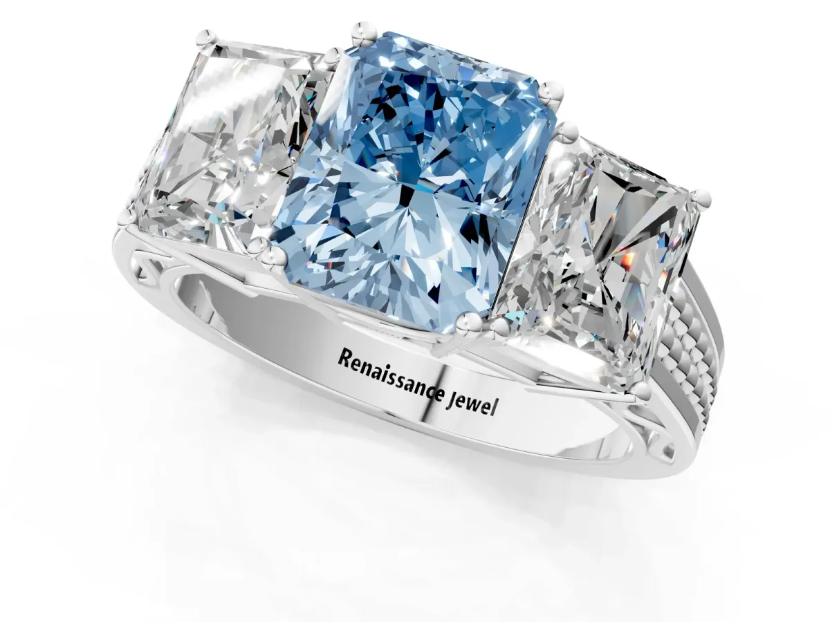 Fancy Blue Radiant Cut Diamond Three-Stone Ring with Prong Setting and Textured Band Platinum
