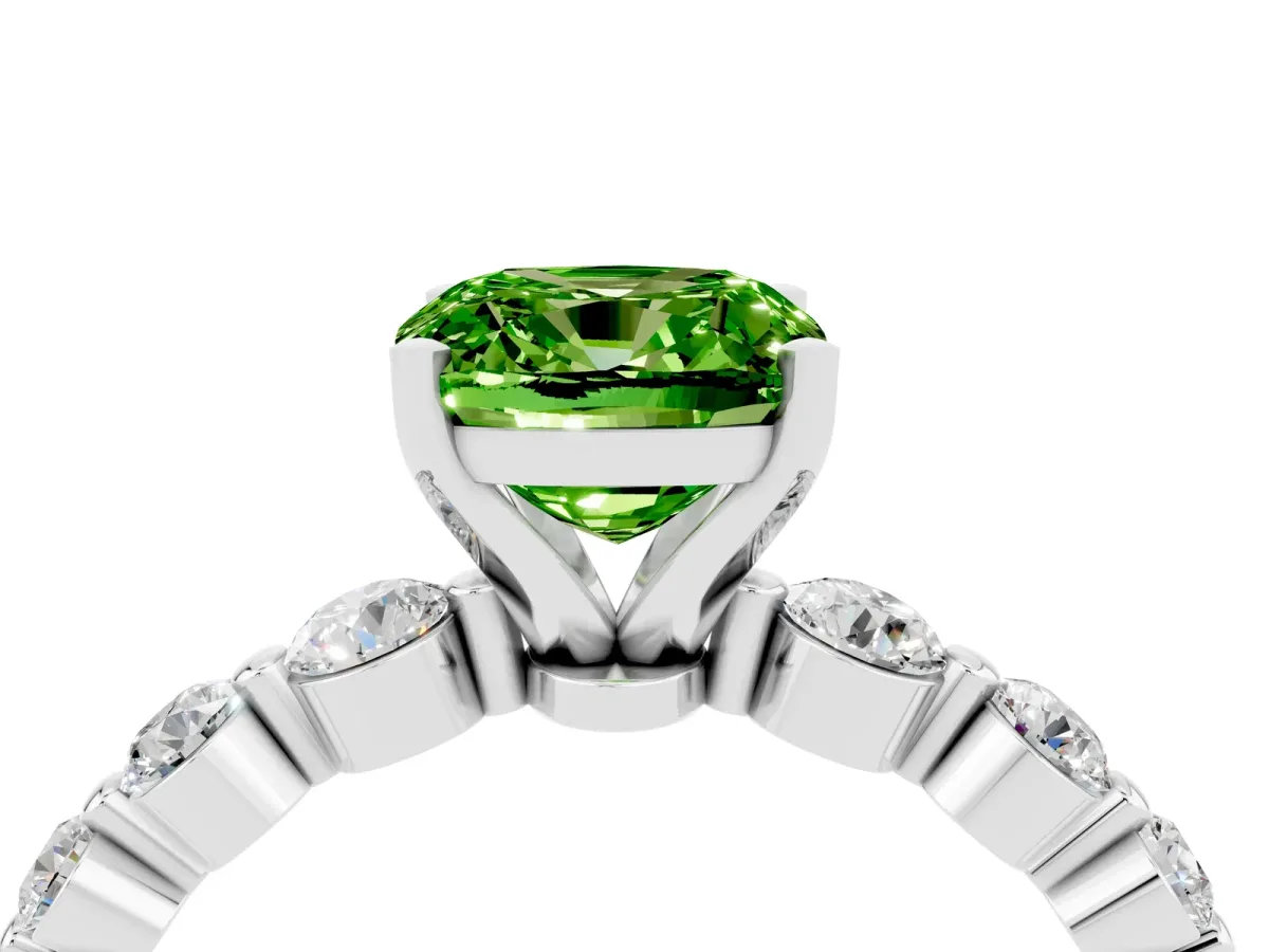 Cushion Cut Solitaire Peridot Ring with Pave Band and Four-Prong Setting Silver
