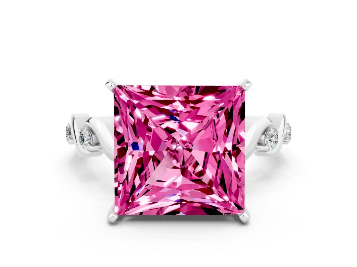 Princess Cut Pink Sapphire Solitaire Twisted Band with Round Accents and Prong Setting Platinum