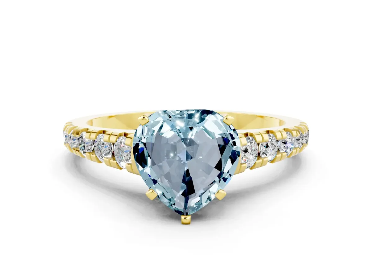 Heart Cut Aquamarine Cathedral Solitaire Ring with Round Pavé Band Yellow gold