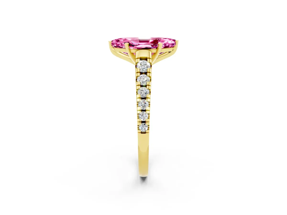 Marquise Cut Pink Sapphire Cathedral Solitaire Ring with Round Pavé Band Yellow gold