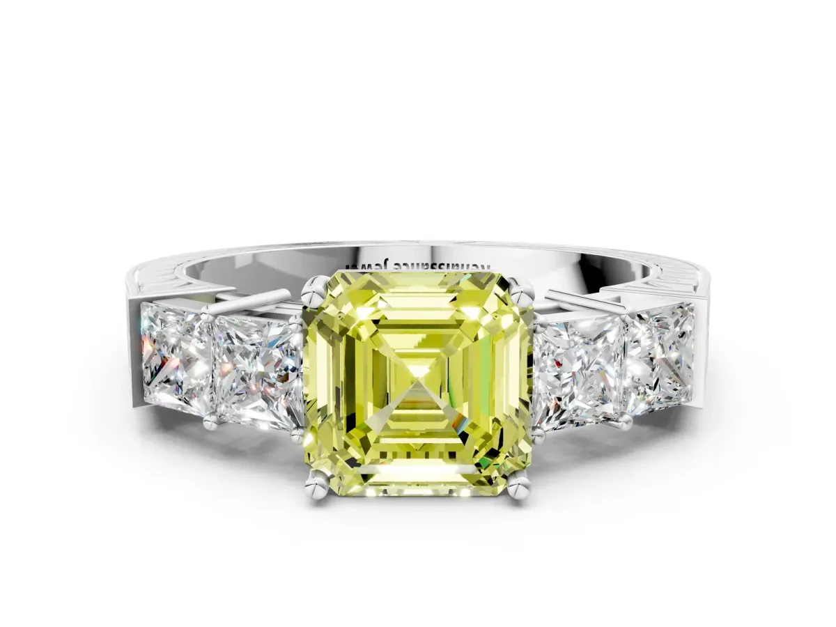 Fancy Yellow Asscher Cut Solitaire Princess Side Stone Engraved Band Prong Setting Ring Silver