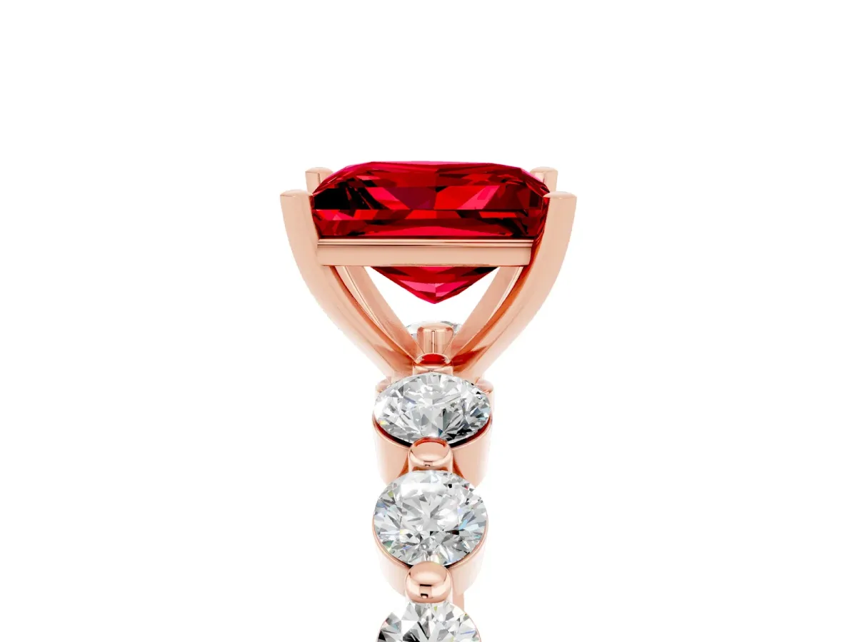 Princess Cut Solitaire Ruby Ring with Pave Band and Four-Prong Setting Rose gold