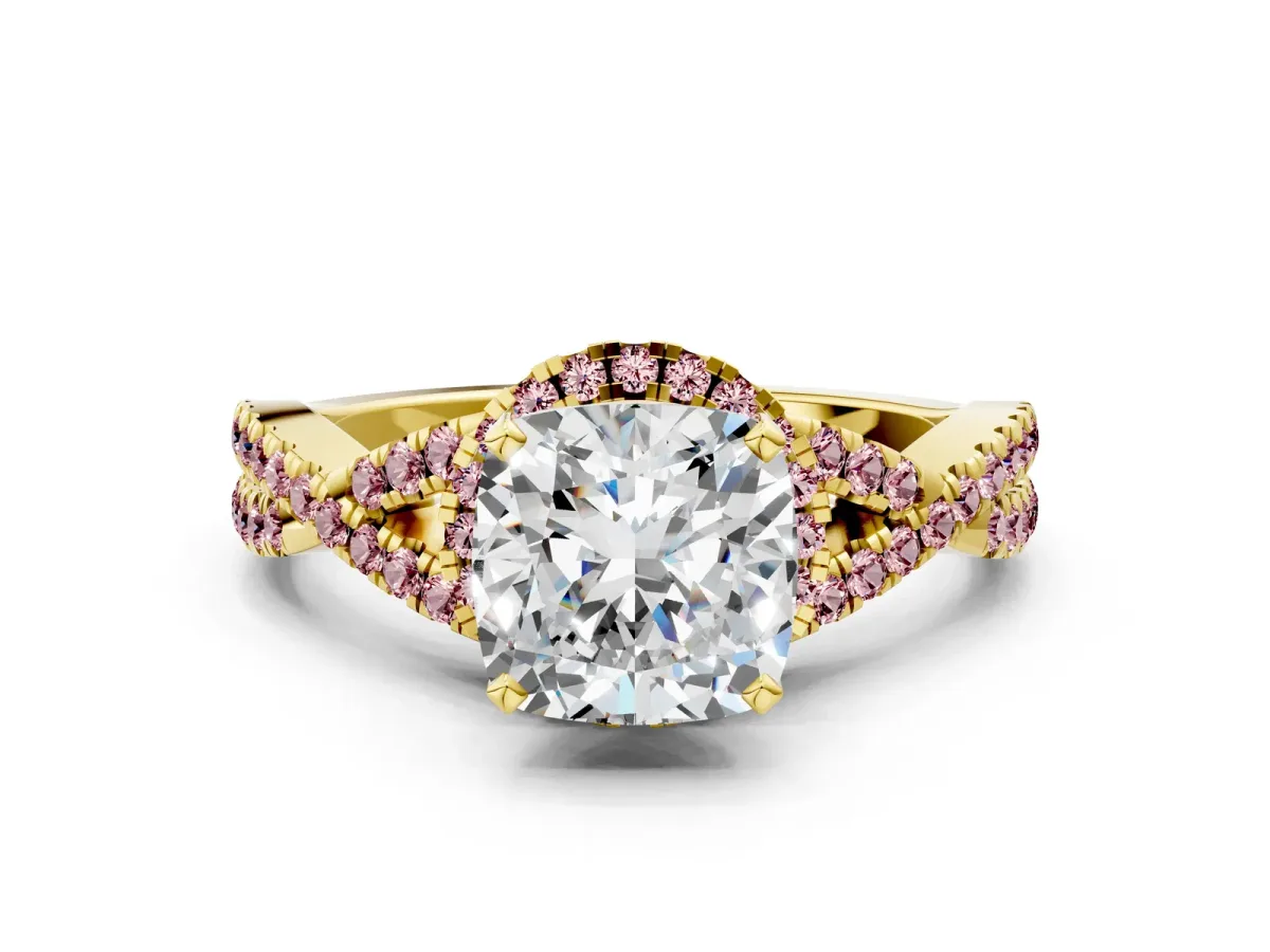 Cushion Cut Diamond Morganite Halo Twist Band Solitaire Prong Setting Ring Yellow gold