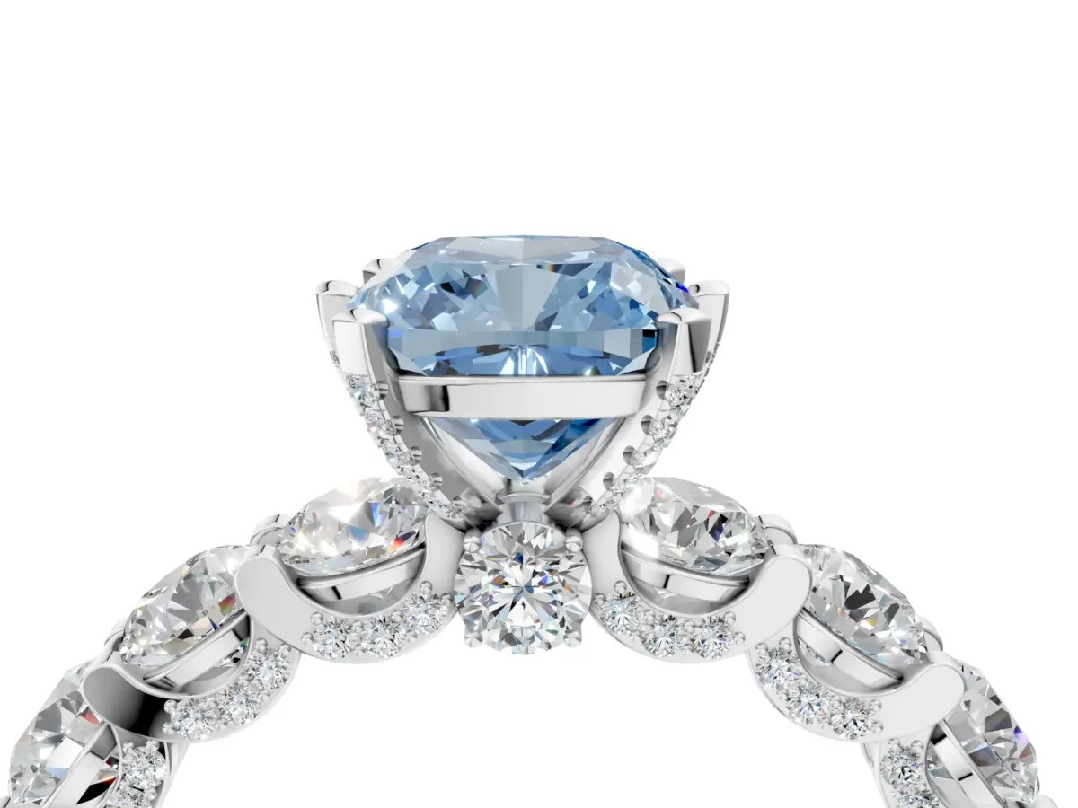 Fancy Blue Cushion Cut Diamond Side Stone Engagement Ring with Four-Prong Setting White gold
