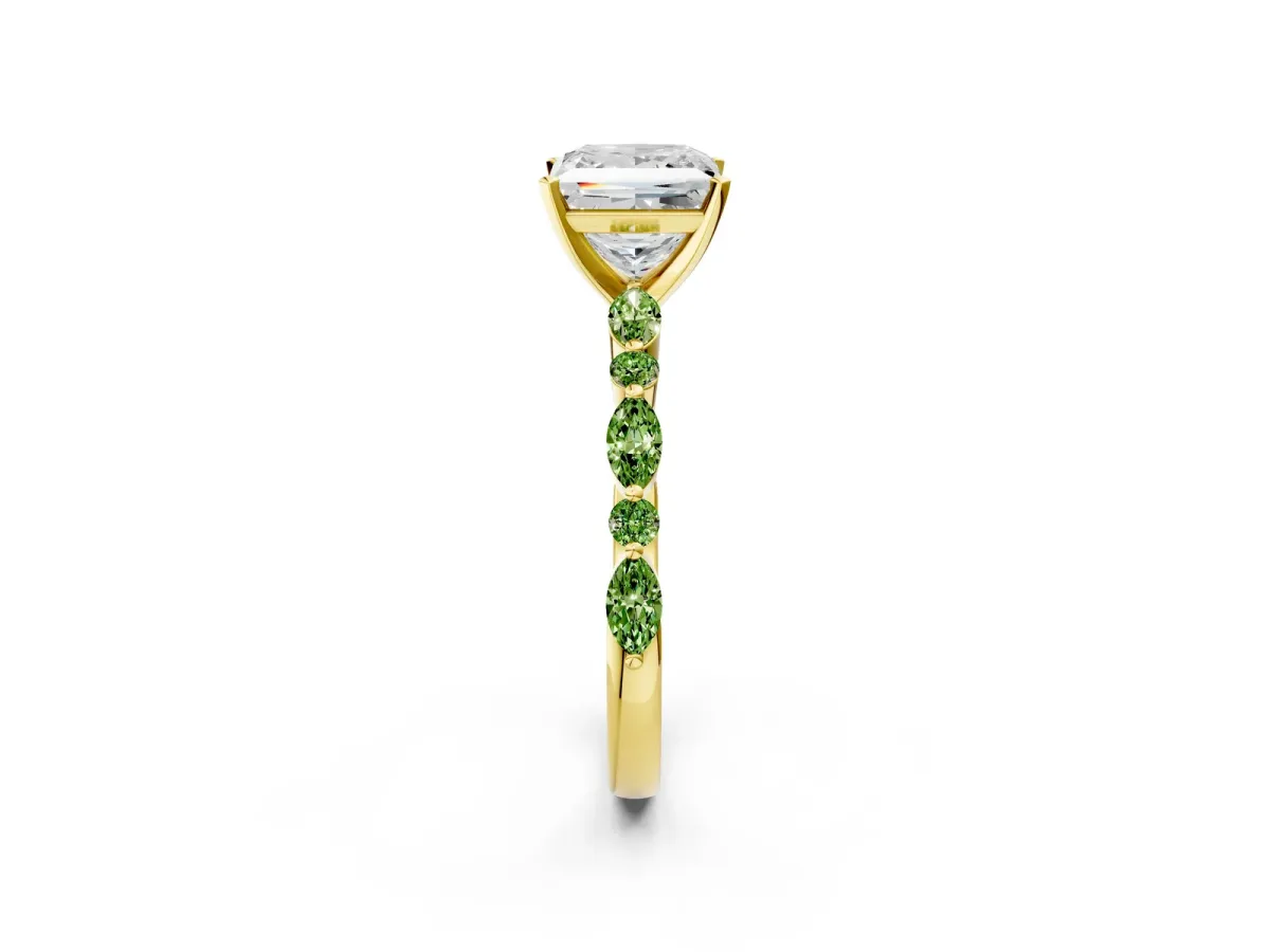 Princess Cut Diamond Ring with Marquise and Round Peridot Side Stones and Four-Prong Setting Yellow gold