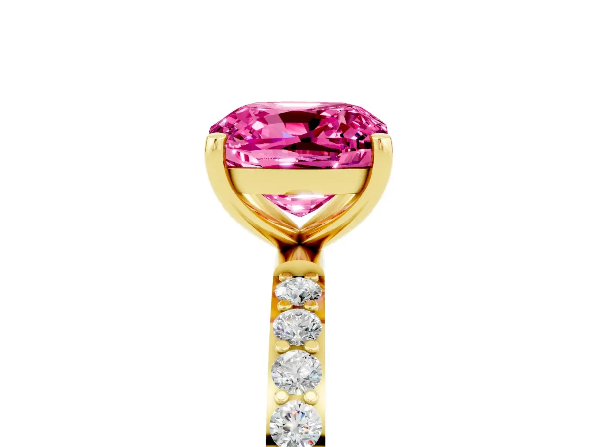 Cushion Cut Pink Sapphire Solitaire Ring with Round Pavé Band and Prong Setting Yellow gold