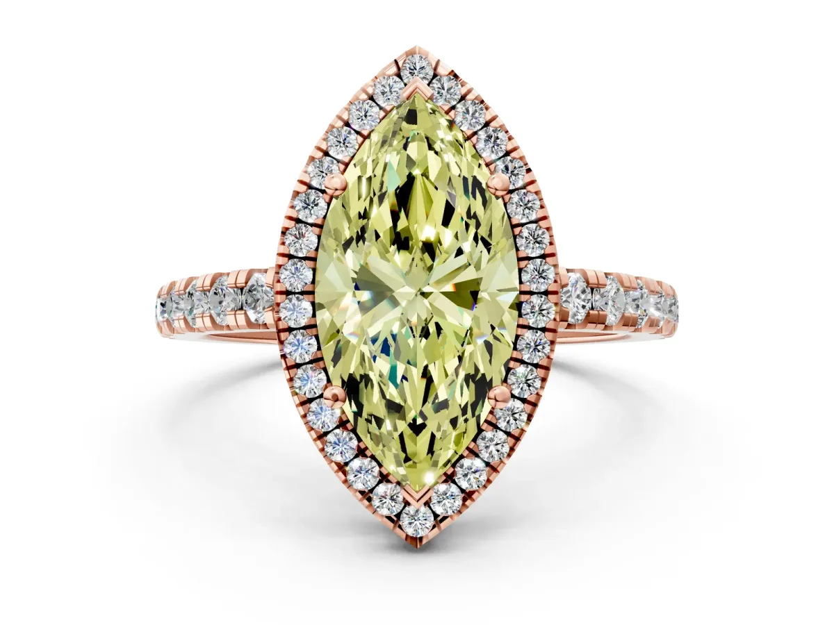 Fancy Yellow Marquise Cut Diamond Halo Ring with Pavé Band and Four-Prong Setting Rose gold