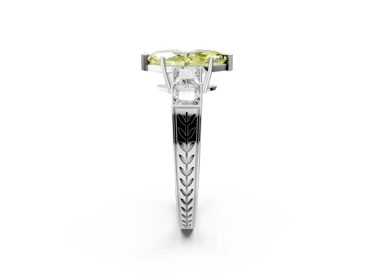 Fancy Yellow Marquise Cut Solitaire Princess Side Stone Engraved Band Prong Setting Ring Platinum