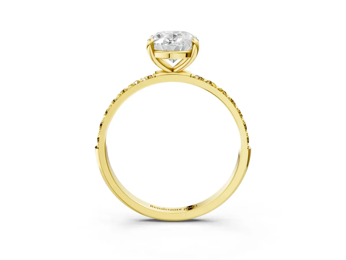 Oval Cut Diamond Solitaire Ring with Round Yellow Sapphire Pavé Band and Prong Setting Yellow gold