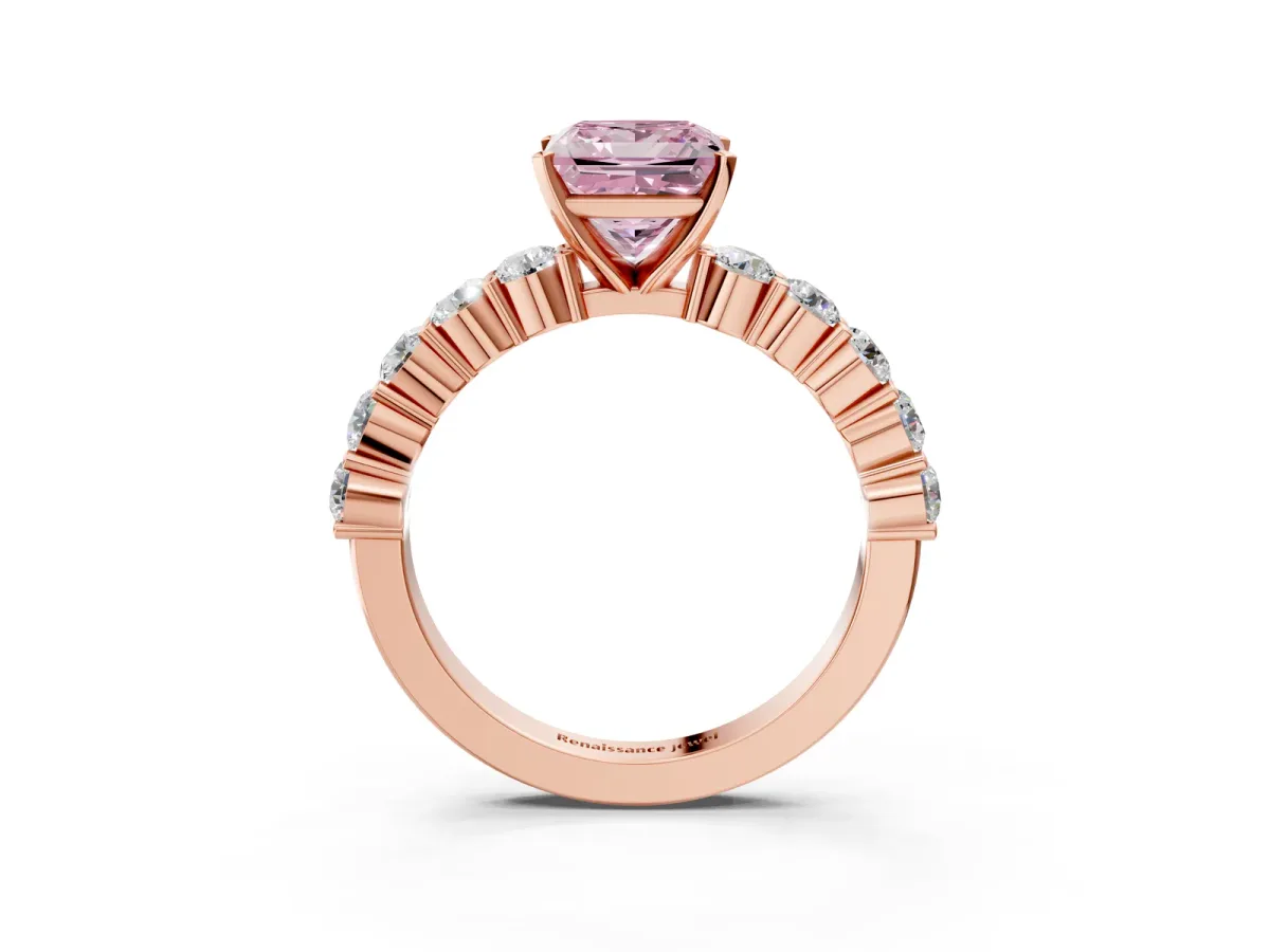 Fancy Pink Princess Cut Diamond Solitaire Ring with Shared Prong Round Side Stones Rose gold