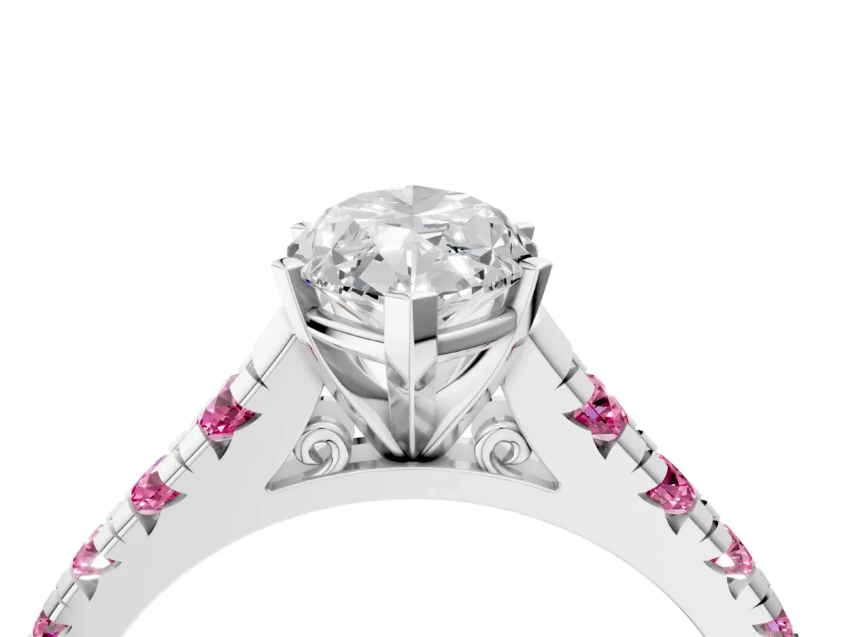 Marquise Cut Diamond Cathedral Solitaire Ring with Round Pink Sapphire Pavé Band White gold