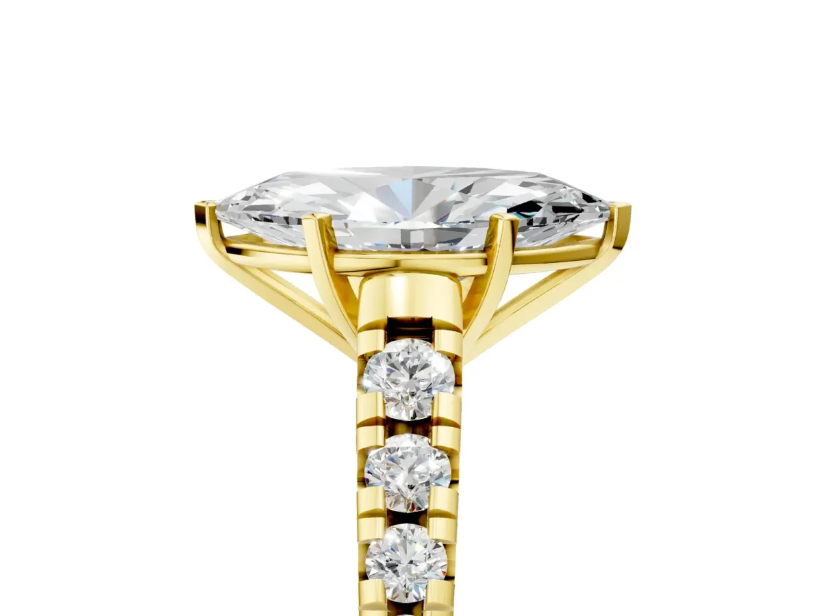 Marquise Cut Diamond Cathedral Solitaire Ring with Round Moissanite Pavé Band Yellow gold