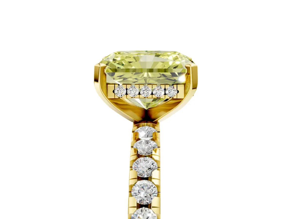 Fancy Yellow Radiant Cut Diamond Solitaire Ring with Round Pavé Band and Four-Prong Setting Yellow gold