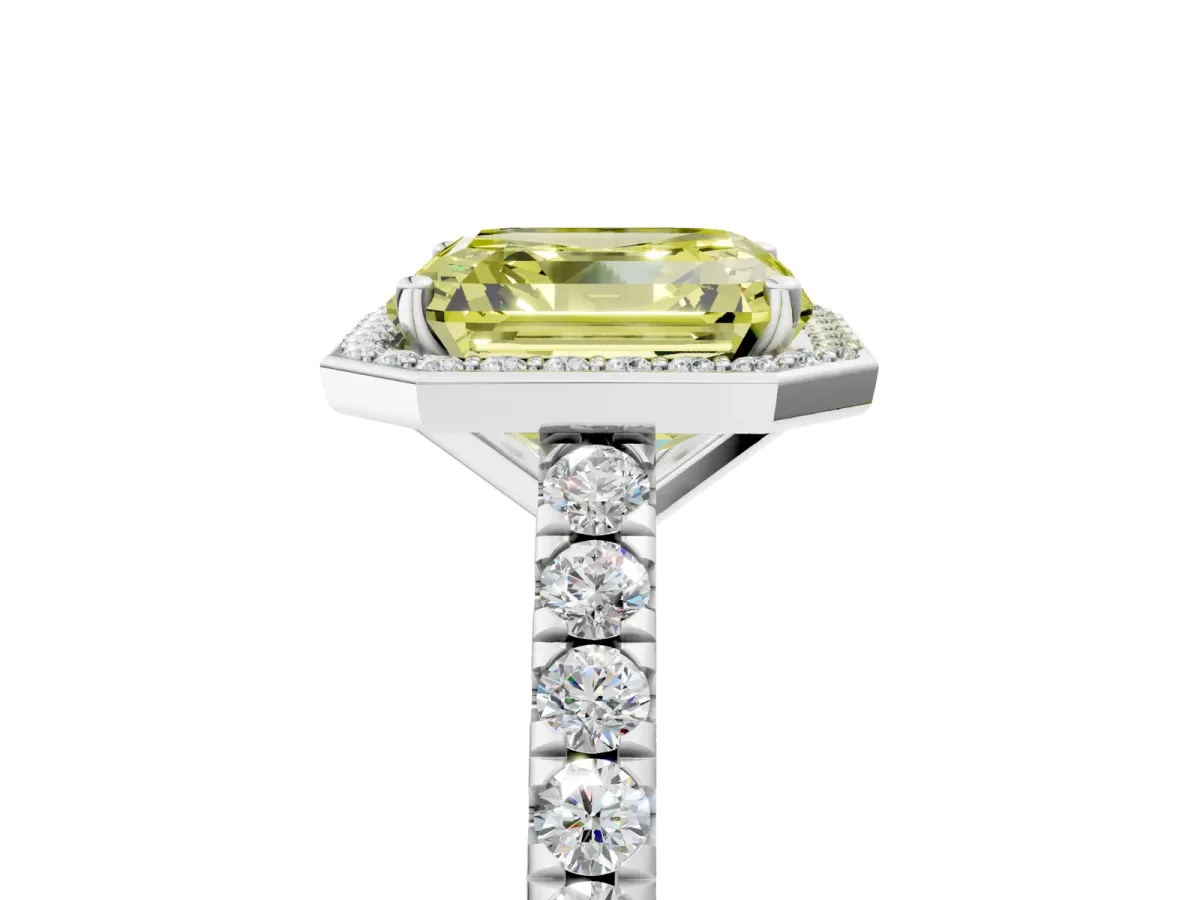 Fancy Yellow Asscher Cut Cut Halo Diamond Engagement Ring with Pave Band and Four-Prong Setting Platinum
