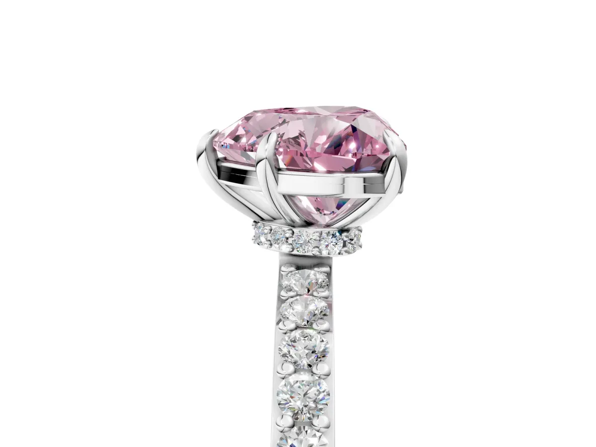 Fancy Pink Heart Cut Diamond Solitaire Engagement Ring with Pavé Band and Four-Prong Setting White gold