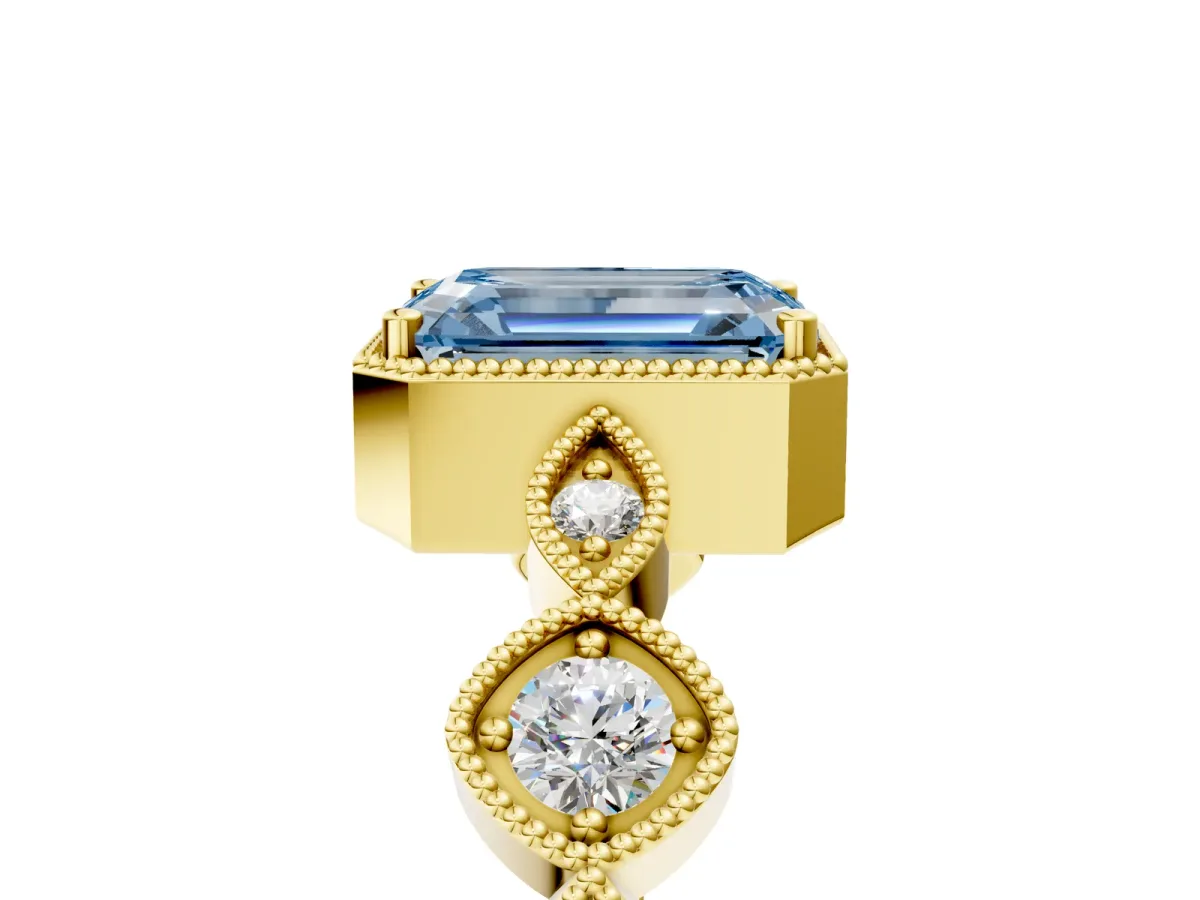 Fancy Blue Emerald Cut Diamond Vintage Milgrain Ring with Round Stations Yellow gold