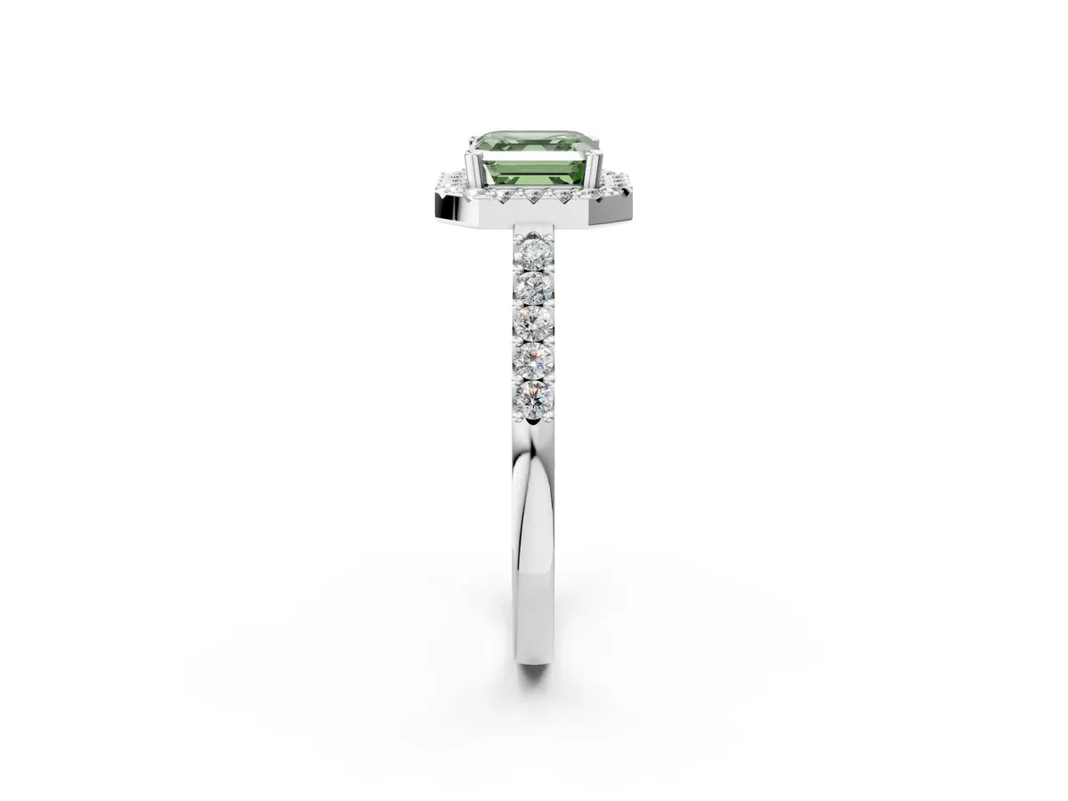 Fancy Green Asscher Cut Halo Diamond Pavé Solitaire Ring Silver