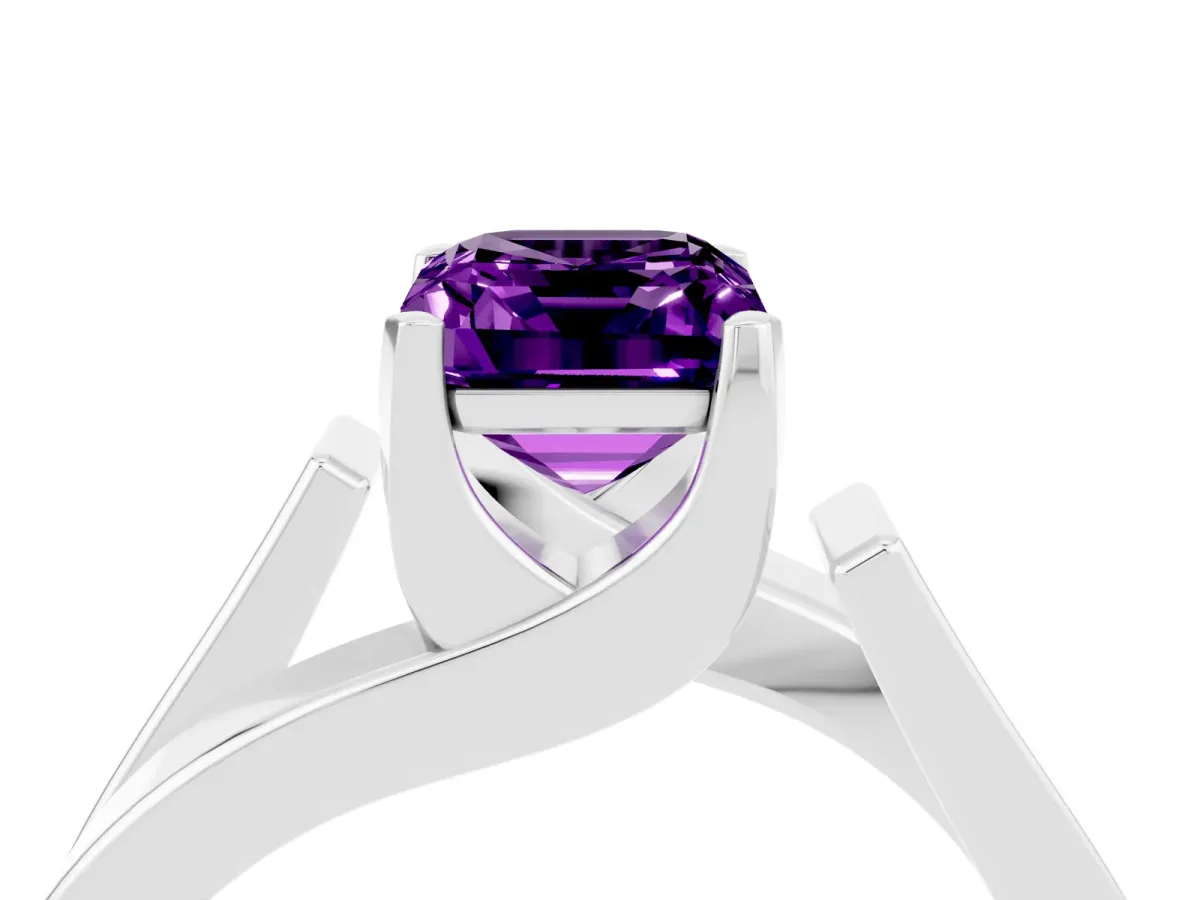 Modern Tension Set Emerald Cut Amethyst Solitaire Wide Band Ring Silver