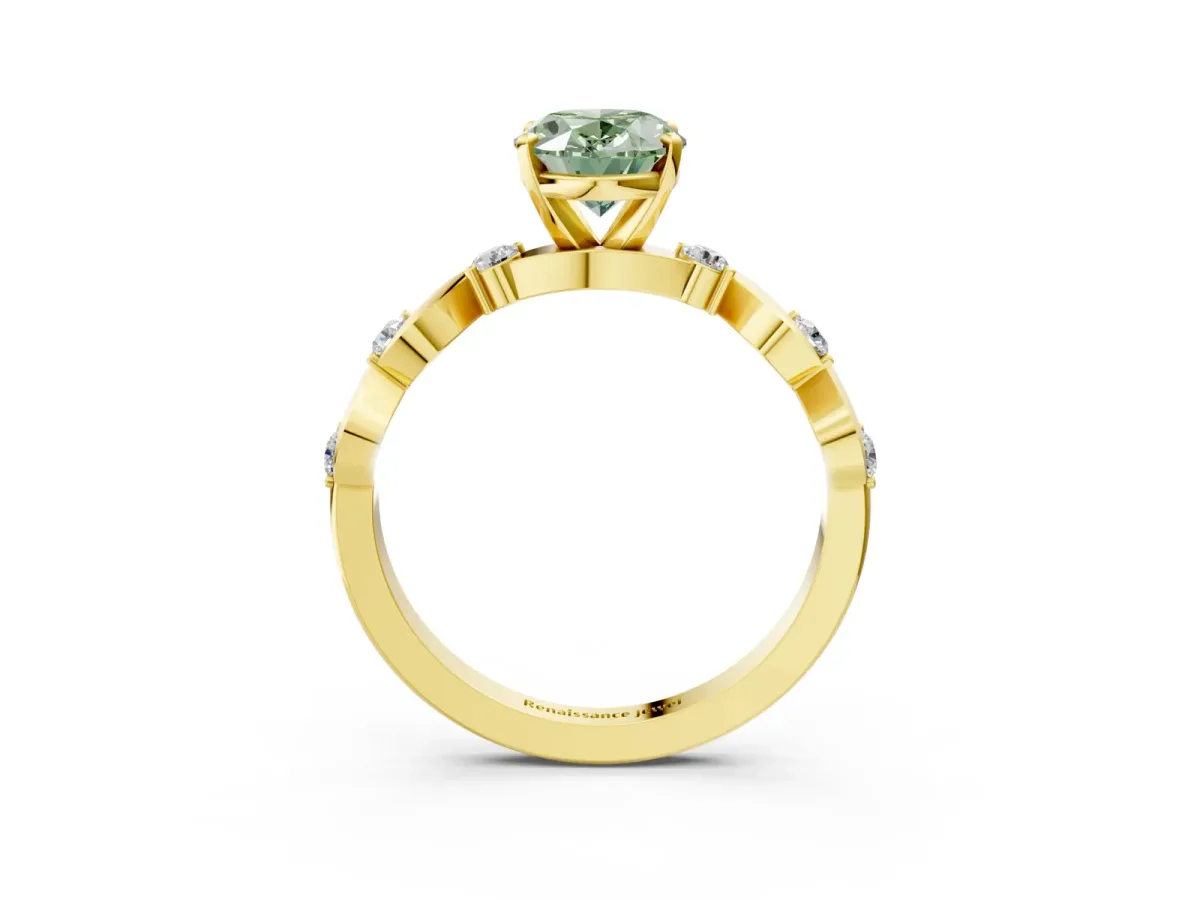 Fancy Green Oval Cut Diamond Solitaire Twisted Band with Round Accents and Prong Setting Yellow gold