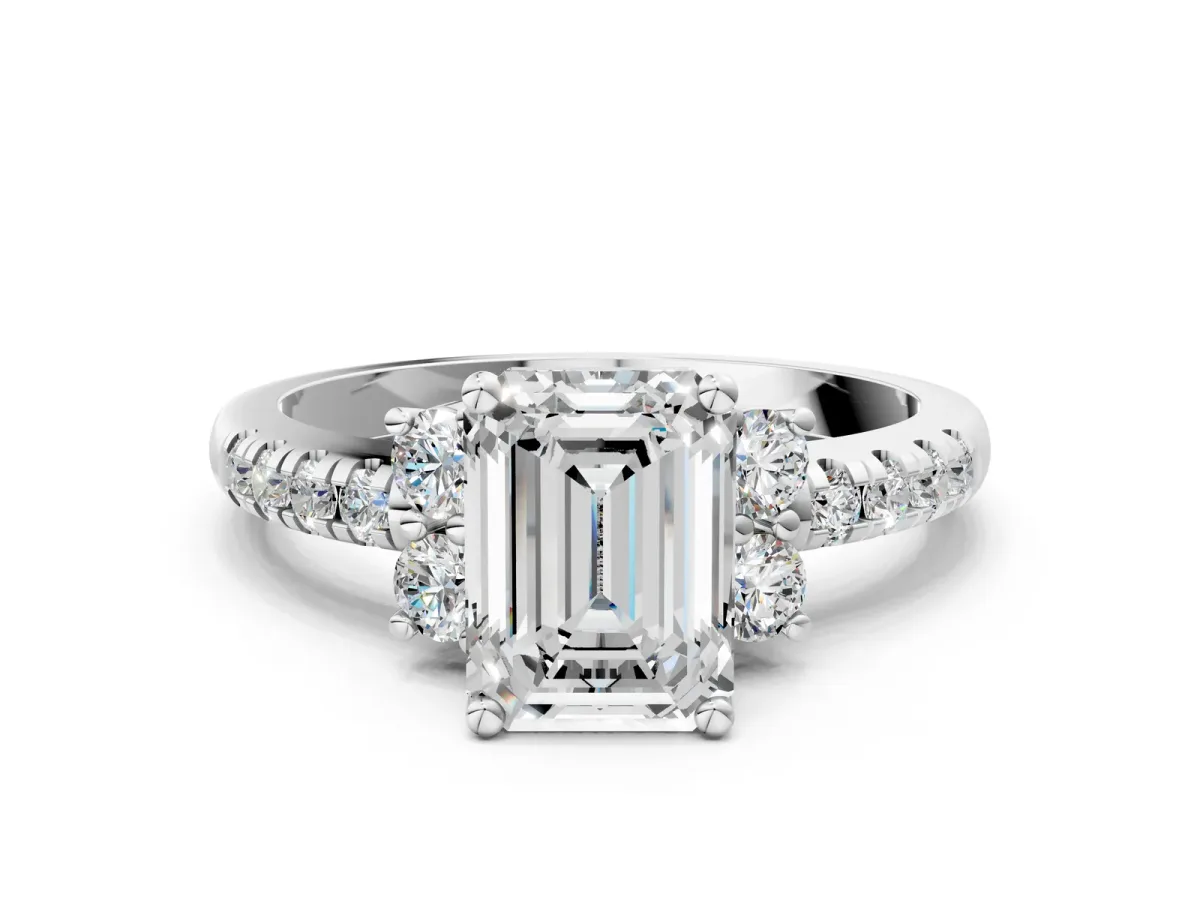 Emerald Cut Diamond Three-Stone Pave Band with Four-Prong Setting Silver