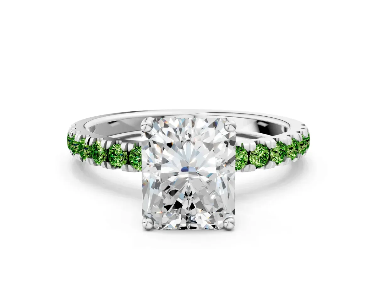 Radiant Cut Diamond Pave Band Solitaire Ring with Round Peridot and Prong Setting Silver