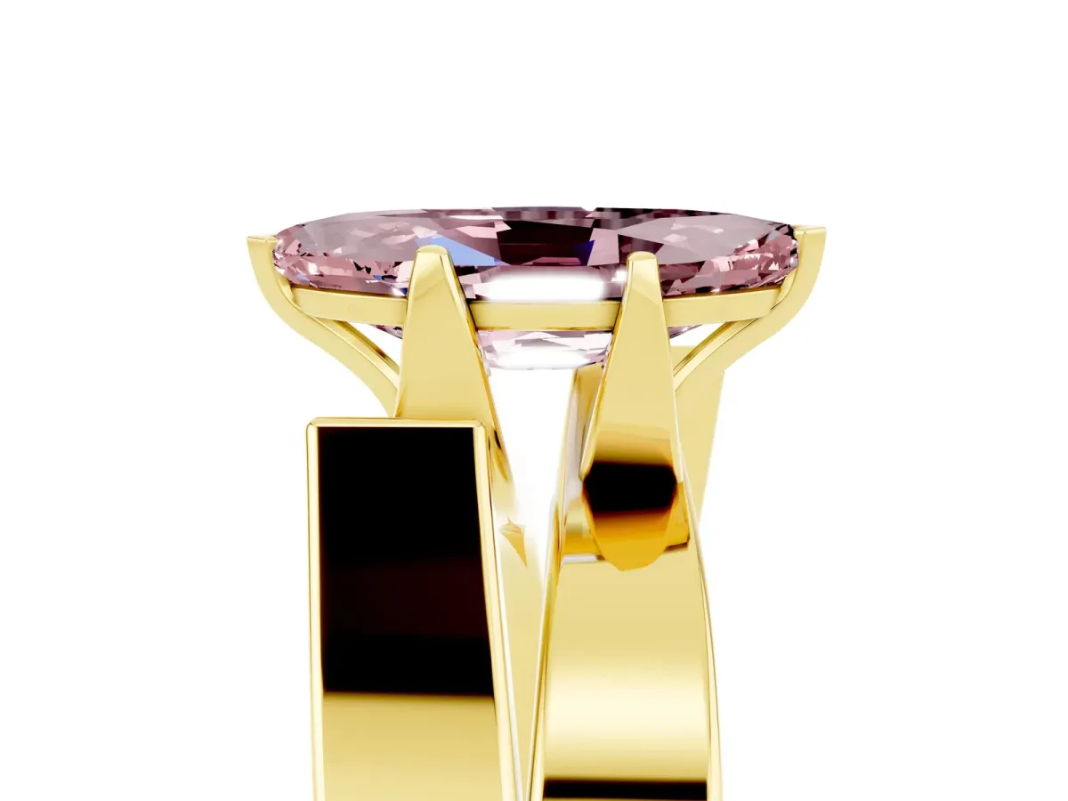Modern Tension Set Marquise Cut Morganite Solitaire Wide Band Ring Yellow gold
