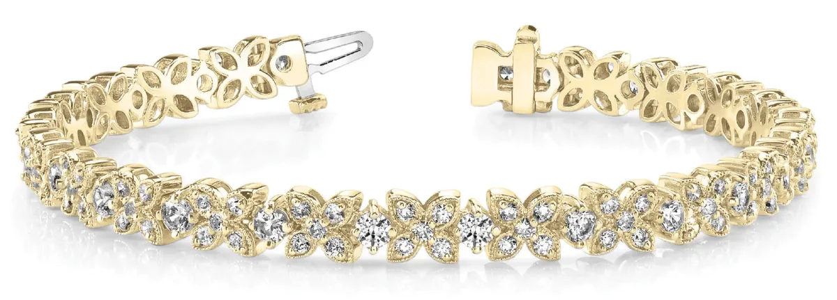 Round Cut Diamond Floral Tennis Bracelet with Prong Setting Yellow gold