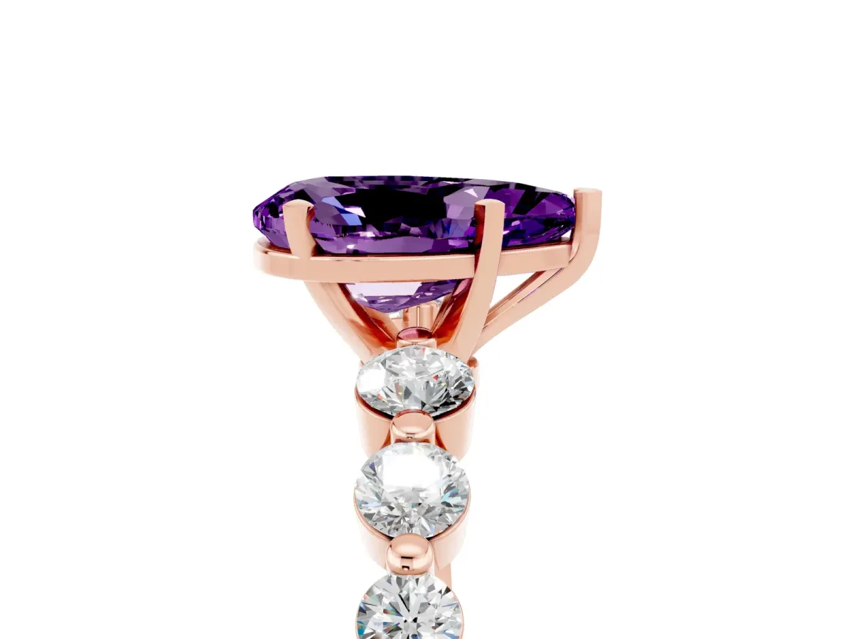 Pear Cut Solitaire Amethyst Ring with Pave Band and Four-Prong Setting Rose gold
