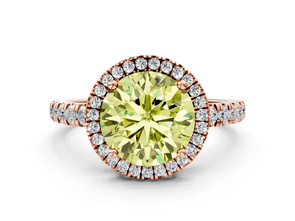 Fancy Yellow Round Cut Diamond Halo Ring with Pavé Band and Four-Prong Setting Rose gold