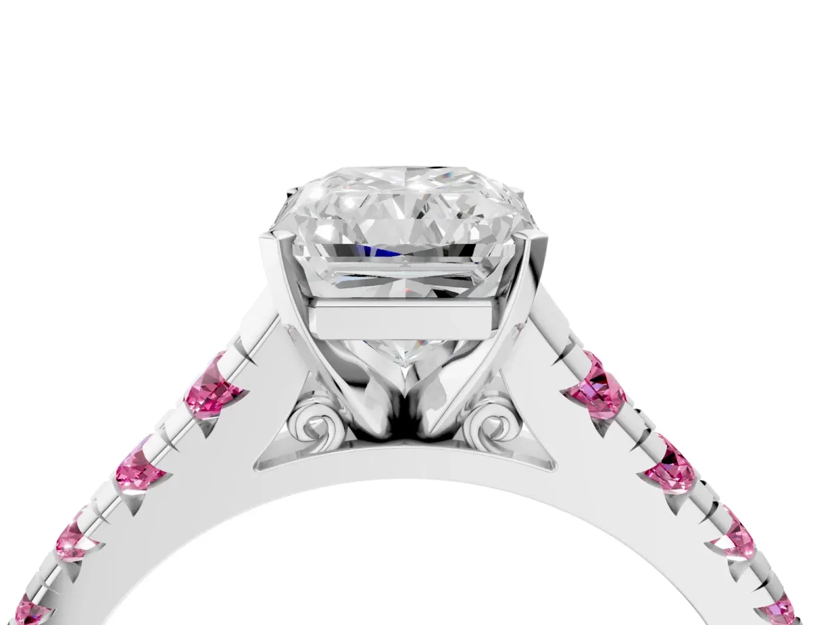 Radiant Cut Diamond Cathedral Solitaire Ring with Round Pink Sapphire Pavé Band White gold