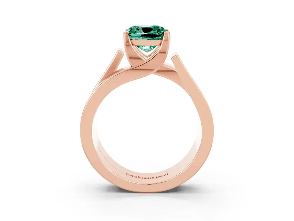 Modern Tension Set Cushion Cut Green Sapphire Solitaire Wide Band Ring Rose gold